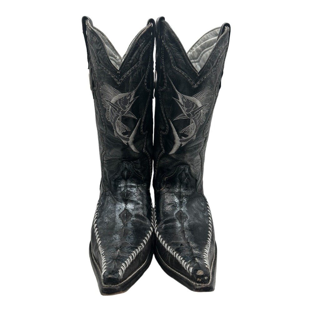VTG Joe Cowboy Boots by Arles Mens 8 EE Black Leather Embroidered Fish Western